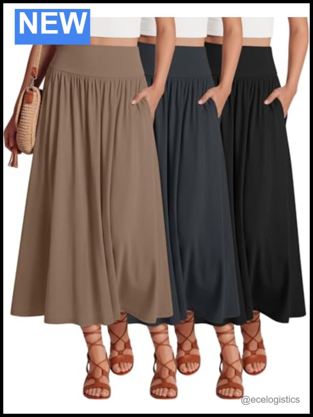 3 Pack Maxi Long Skirts for Women Pleated A-Line Ankle Length